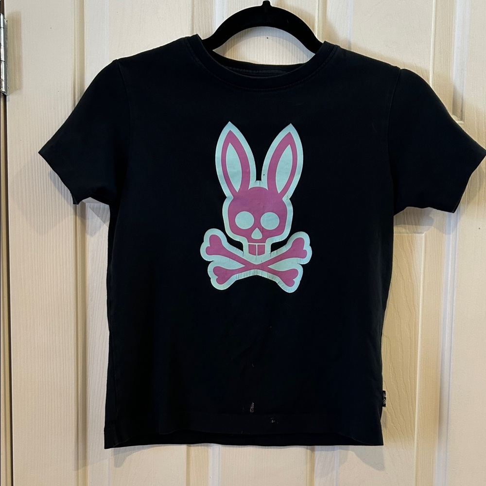 Black Kids Tee with Pink & Mint Bunny Skull Graphic - Picture 1 of 6